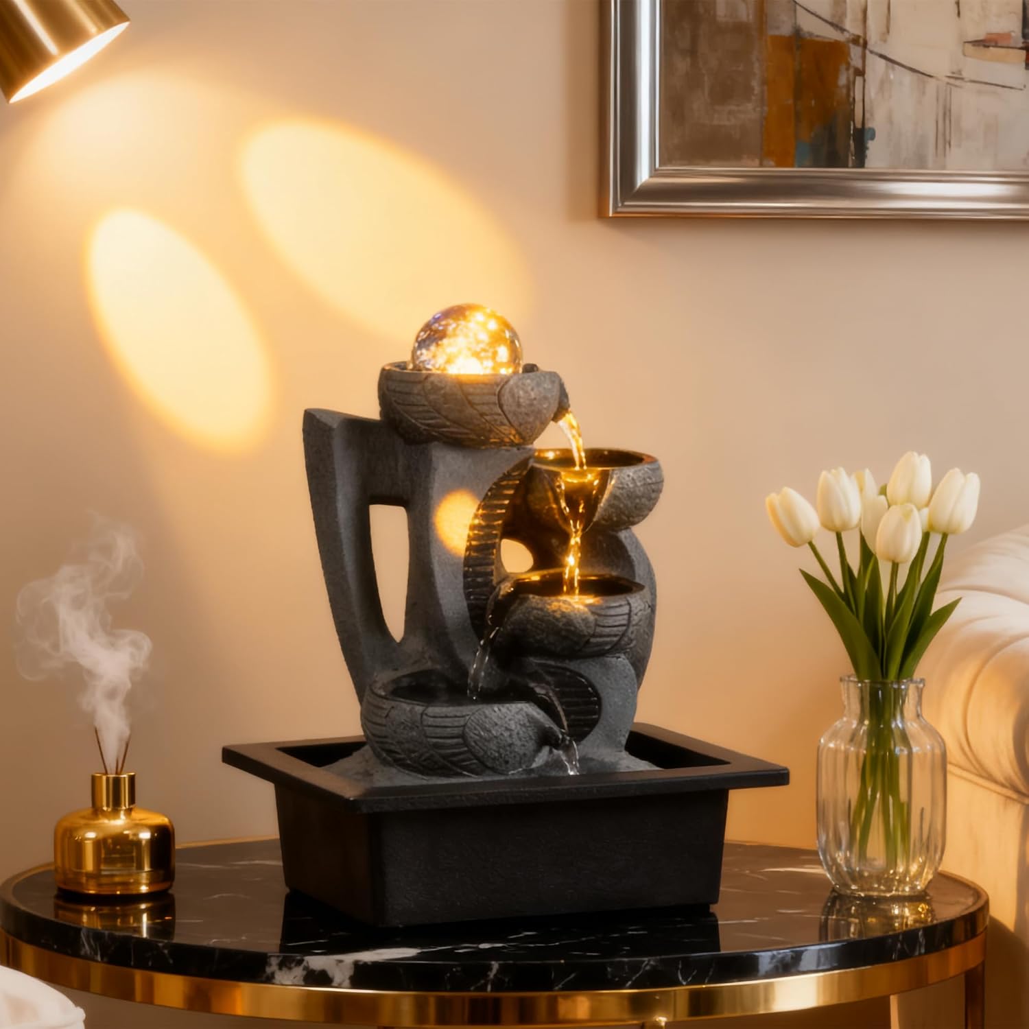 Indoor Tabletop Waterfall Fountain with Spining Orb for Home Office Desk, Gray Rock Resin Zen Water Feature with Soothing Sound for Relaxation & Meditation