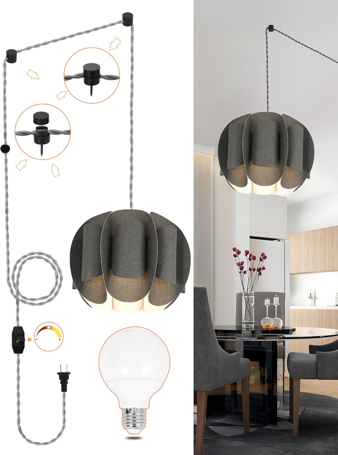15Ft Boho Pendant Light, Plugin Hanging Light Cord Kit with On/Off Switch, Farmhouse Hanging Lights with Plug in Cord for Living Room, Kitchen, Dining Room, Bedroom (White)