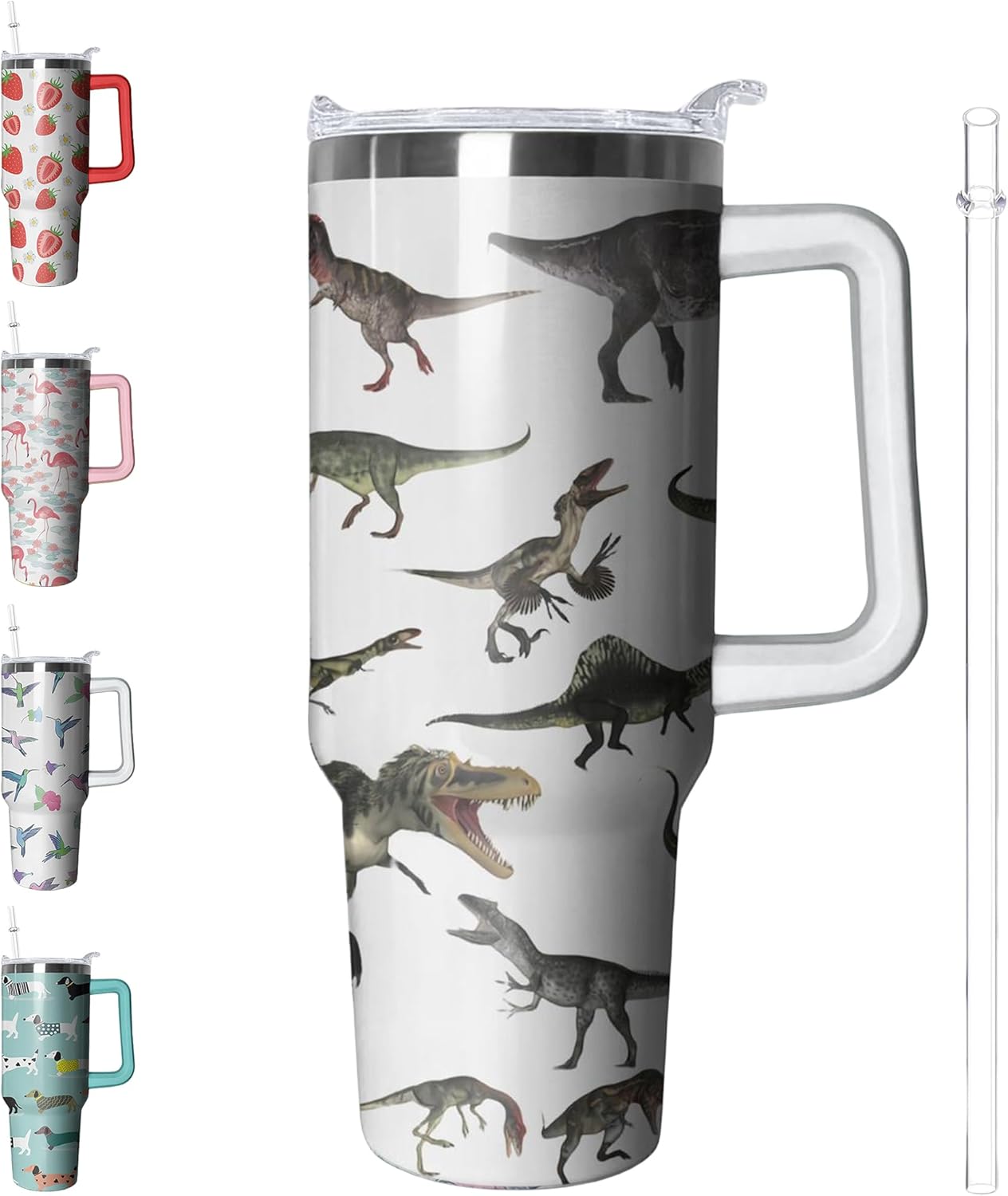 40 oz Dinosaur Tumbler with Handle and Straw, Insulated Stainless Steel Cup with Lid, Travel Coffee Mug Water Bottle, Animal Lovers Women Gifts