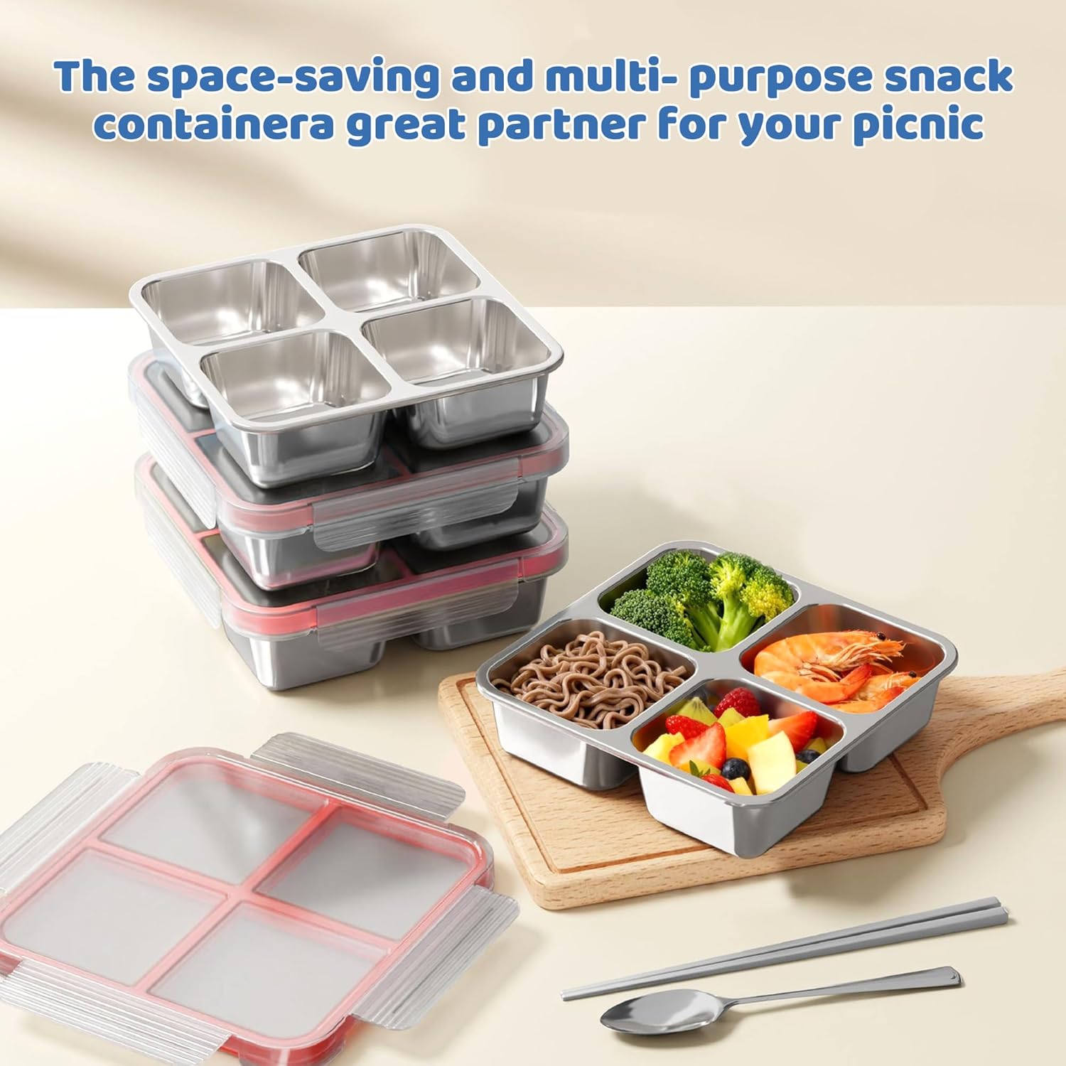 3 Pack Stainless Steel Reusable Snack Containers with Lids, 4 Compartment, Leakproof, 24.5 oz Food Storage & Meal Prep Containers, Bento Lunch Box for Adults,Men,Women(Pink)