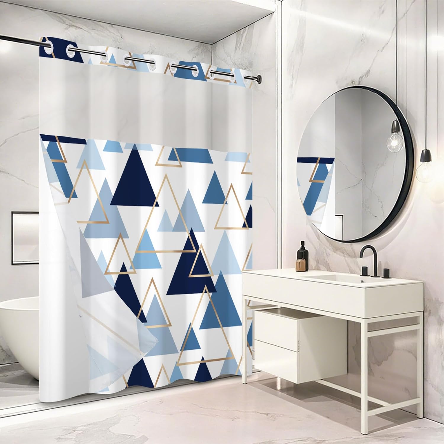 No Hook Blue Geometric Shower Curtain with Snap in Fabric Liner Set, Luxury Modern Triangle Bath Curtain, See Through Mesh Top Window, 71x74 Inch