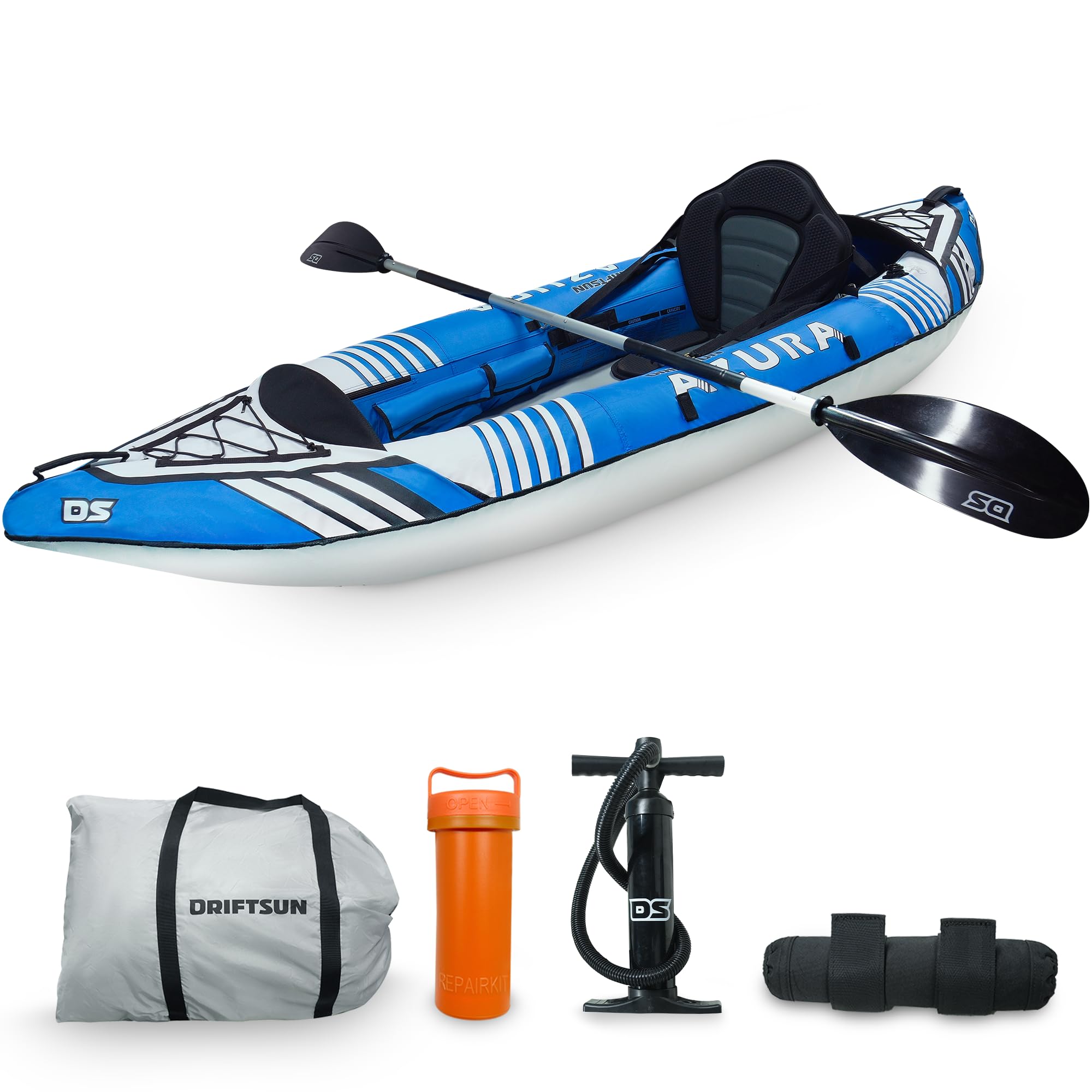 Driftsun Rover Inflatable Kayak - Inflatable White Water Kayak - Inflatable 1 and 2 Person Kayaks for Adults with High Pressure Floor, Padded Seats, Action Cam Mount, Aluminum Paddles, and Pump