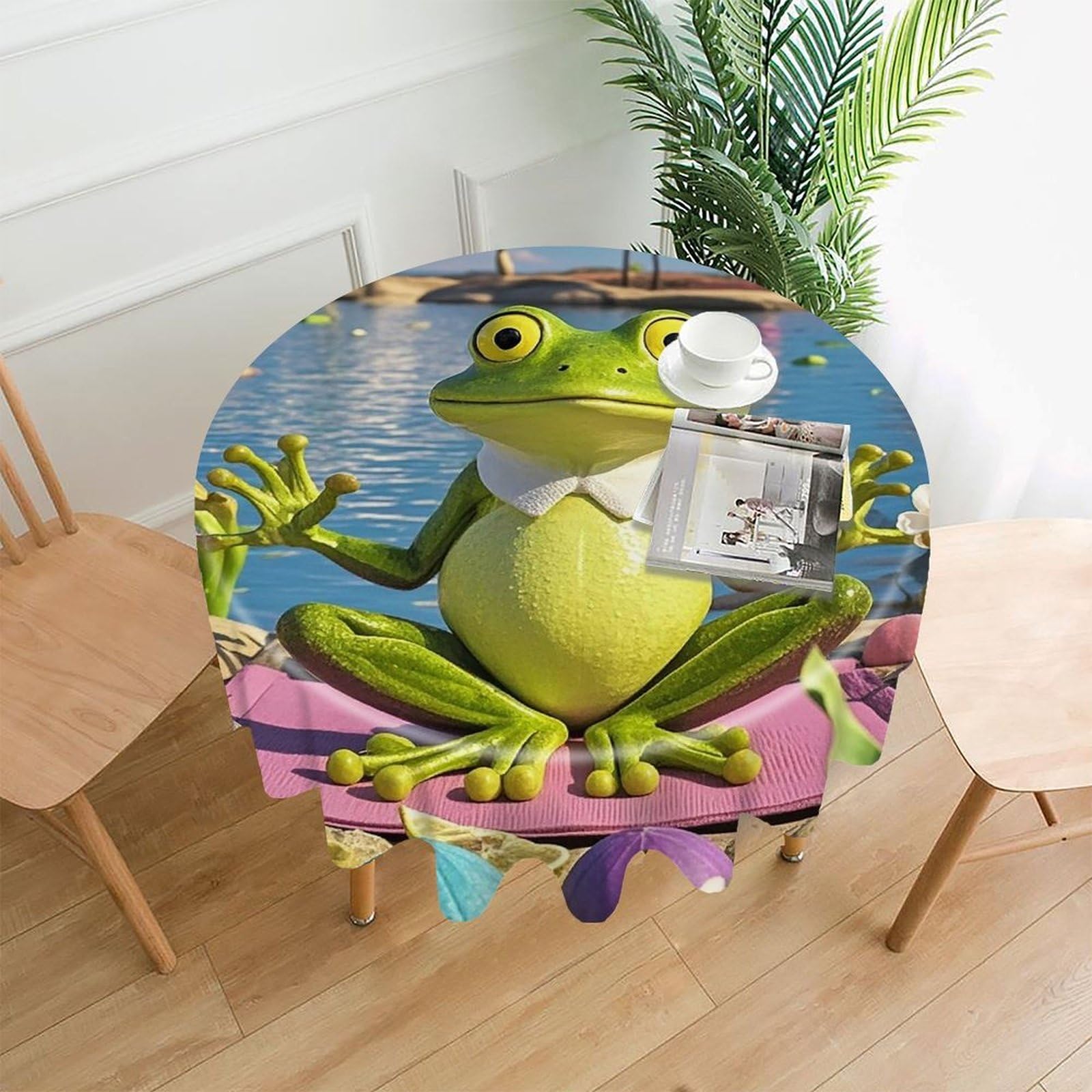 VstaDank Funny Yoga Frog Table Cloth Fashions Washable Round Tablecloth Decorative Table Cover Comfortable Straight Edge Tablecover for Dining Kitchen Party Outdoor 60 Inch