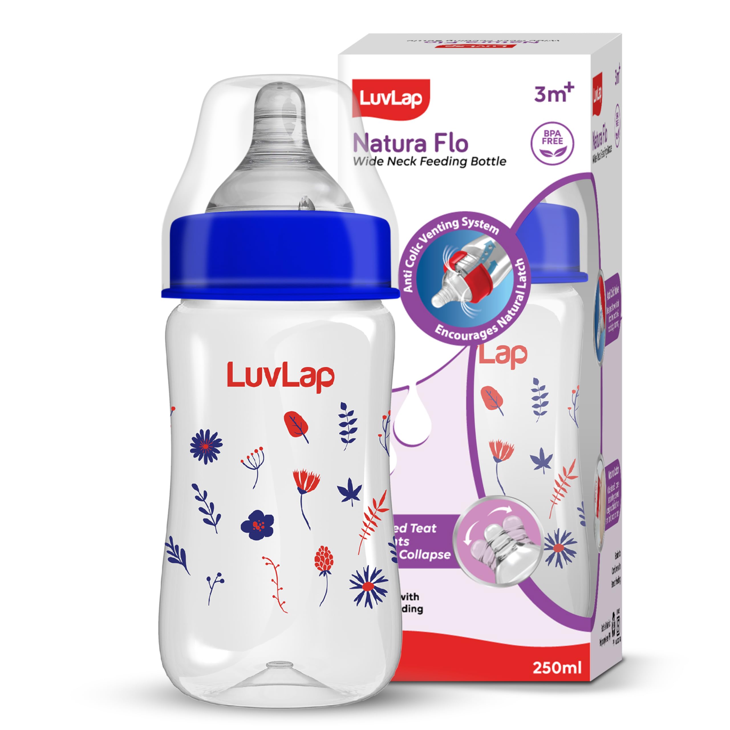 LuvLap Anti-Colic Wide Neck Natura Flo Baby Feeding Bottle, 250ml, New Born / Infants / Toddler upto 3 years, Floral, BPA Free