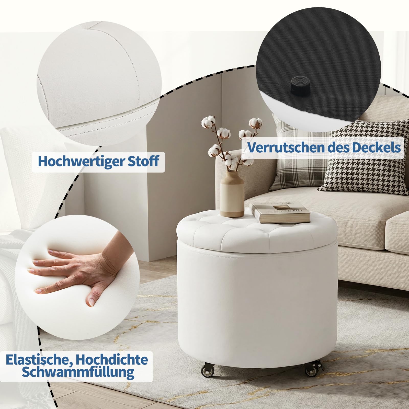 Hocker mit Rollen, 48cm Runder Fußhocker mit Stauraum, Knopfgeheftete Sitzhocker Schminkhocker mit Abnehmbarem Deckel für Wohnzimmer, Schlafzimmer, Esszimmer, PU, Elfenbeinweiß