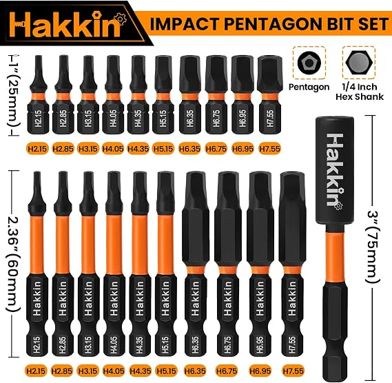 Hakkin 21Pcs Pentagon Screwdriver Bits Set | S2 Steel Security Tamper Proof Pentagonal Drive Bit | 1/4” Hex Shank for Electric Hand Screwdrivers 60mm 25mm with Bit Extension Holder