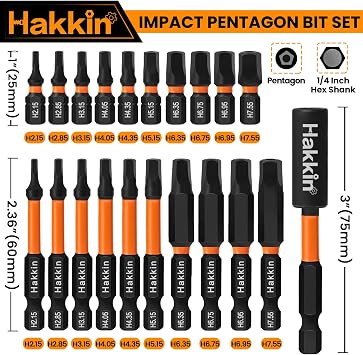 Hakkin 21Pcs Pentagon Screwdriver Bits Set | S2 Steel Security Tamper Proof Pentagonal Drive Bit | 1/4” Hex Shank for Electric Hand Screwdrivers 60mm 25mm with Bit Extension Holder