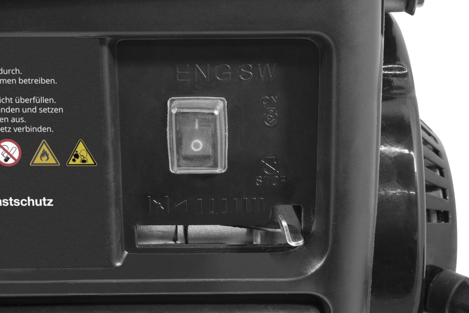 Close-up of the engine switch and choke lever on the generator