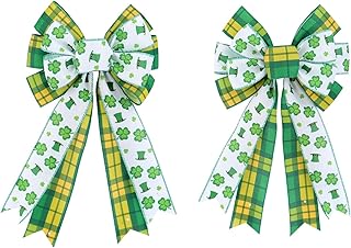 St Patricks Day Bow for Wreath Decorations, 2 Pack Green Shamrock St Patricks Day Tree Topper Bows, Irish Holiday Crafts Bows for Front Door Wall Decoration for Trees, Stairs, Fireplaces