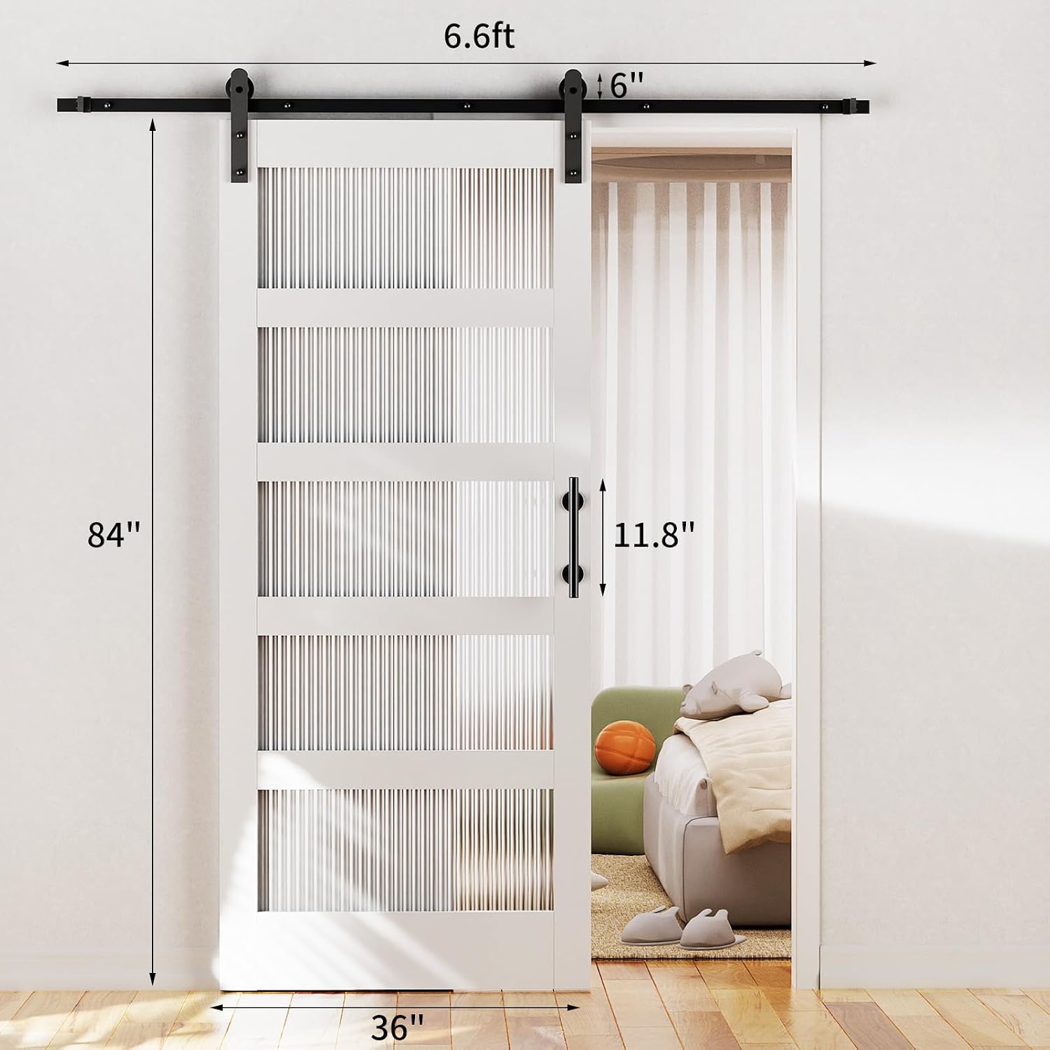 VINGLI 36in x 84in Glass Barn Door with 6.6ft Sliding Barn Door Hardware Kit &Handles, Pre-Drilled Holes Easy Assembly Solid Wood Slab White Sliding Door