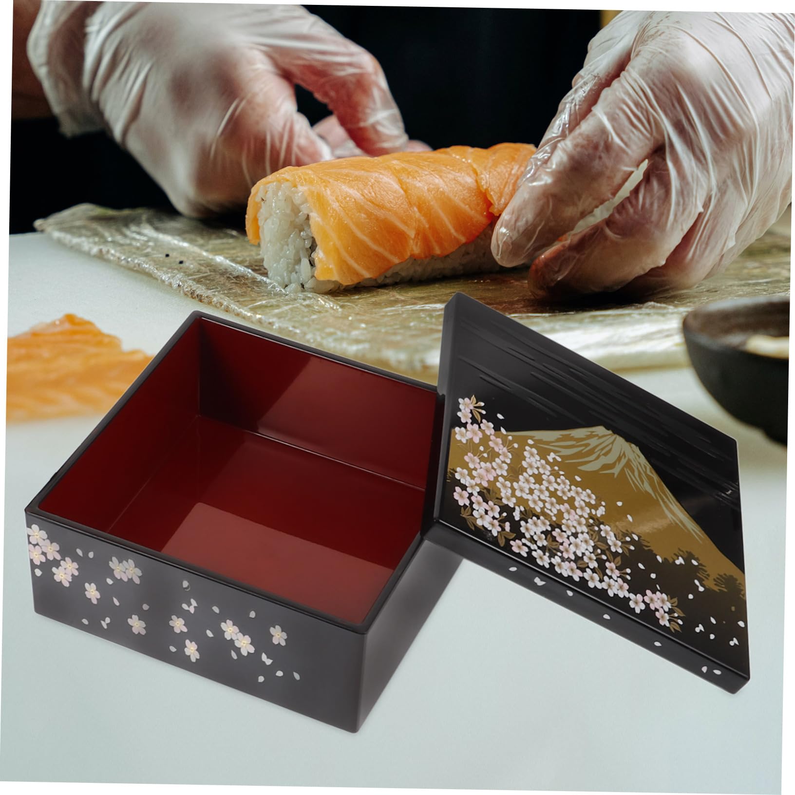 Alipis Scatola Bento Giapponese per Sushi 3 Strati in Plastica Nero, Design Tradizionale Monte Fuji, Multifunzione e Sicura per Uso Quotidiano in Famiglia