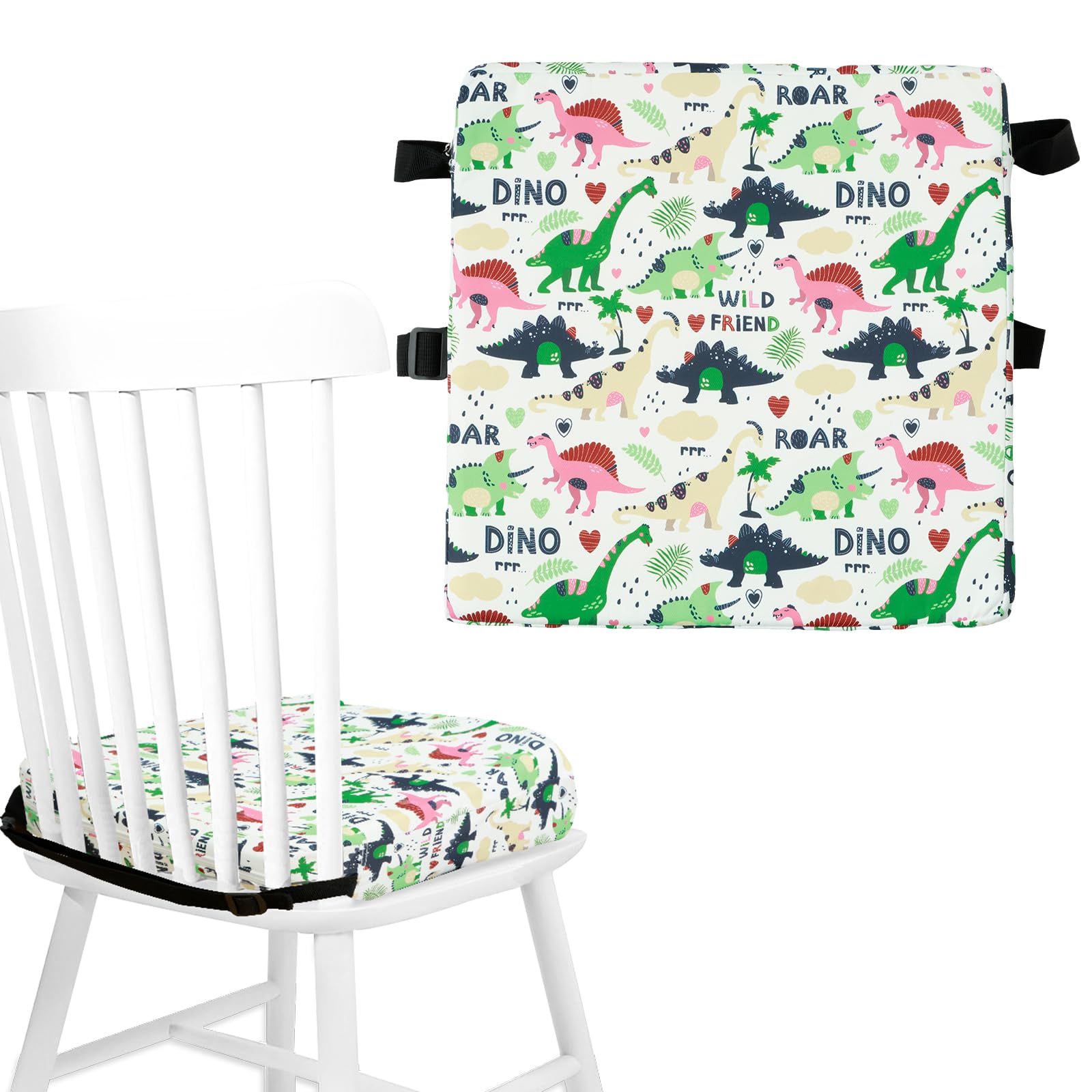 Toddler Booster Seat for Dining Table,Cartoon Baby Booster Cushion with High Density Adjustable Strap Portable Detachable Washable 32×32×8 Thick Increasing Cushion for Travel (Dinosaur(White Blue))