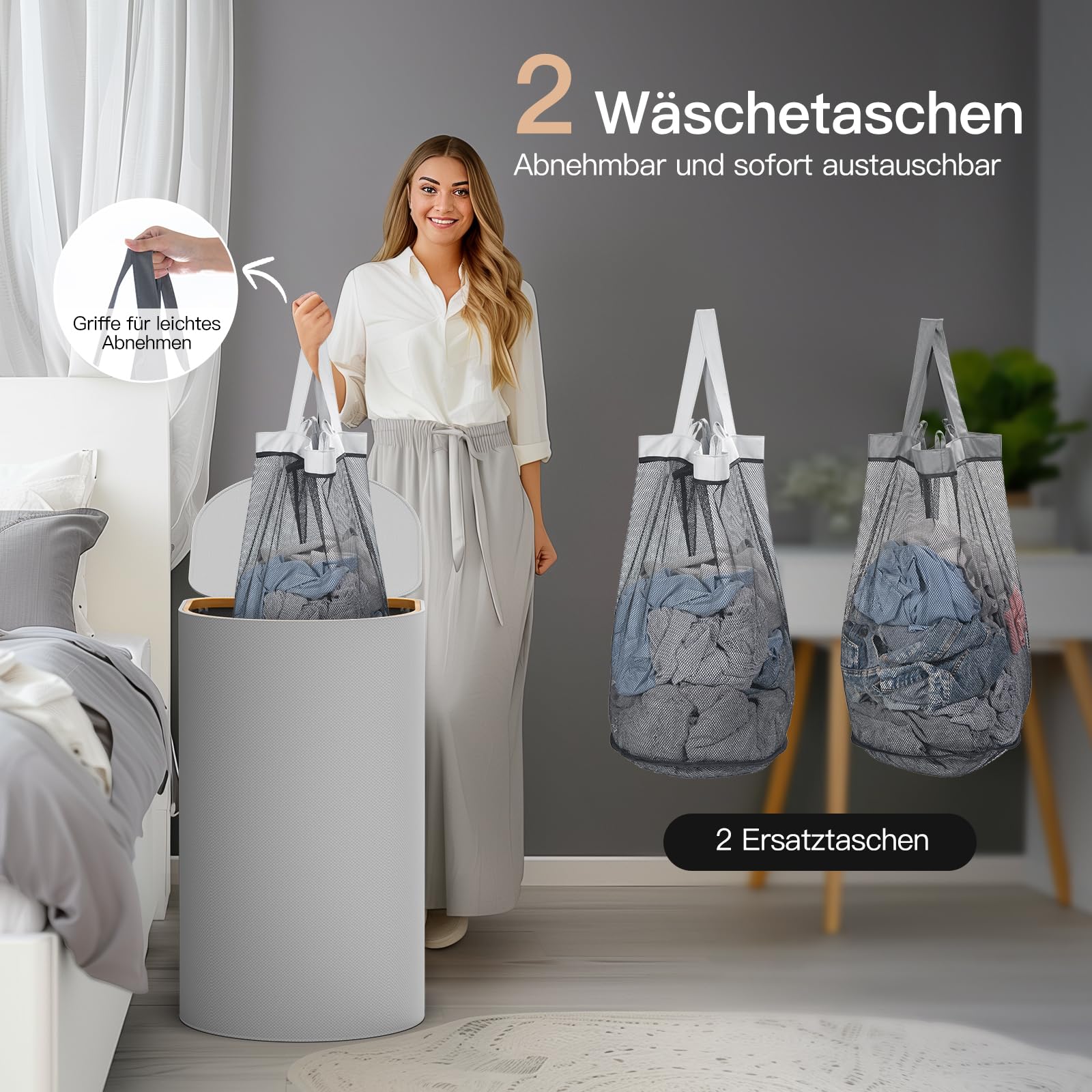 Drewniany kosz na pranie z pokrywką – 70 l, kosz na brudne pranie, 2 worki na pranie wewnątrz z uchwytami, łatwy do wyjmowania, do sypialni, łazienki, jasnoszary
