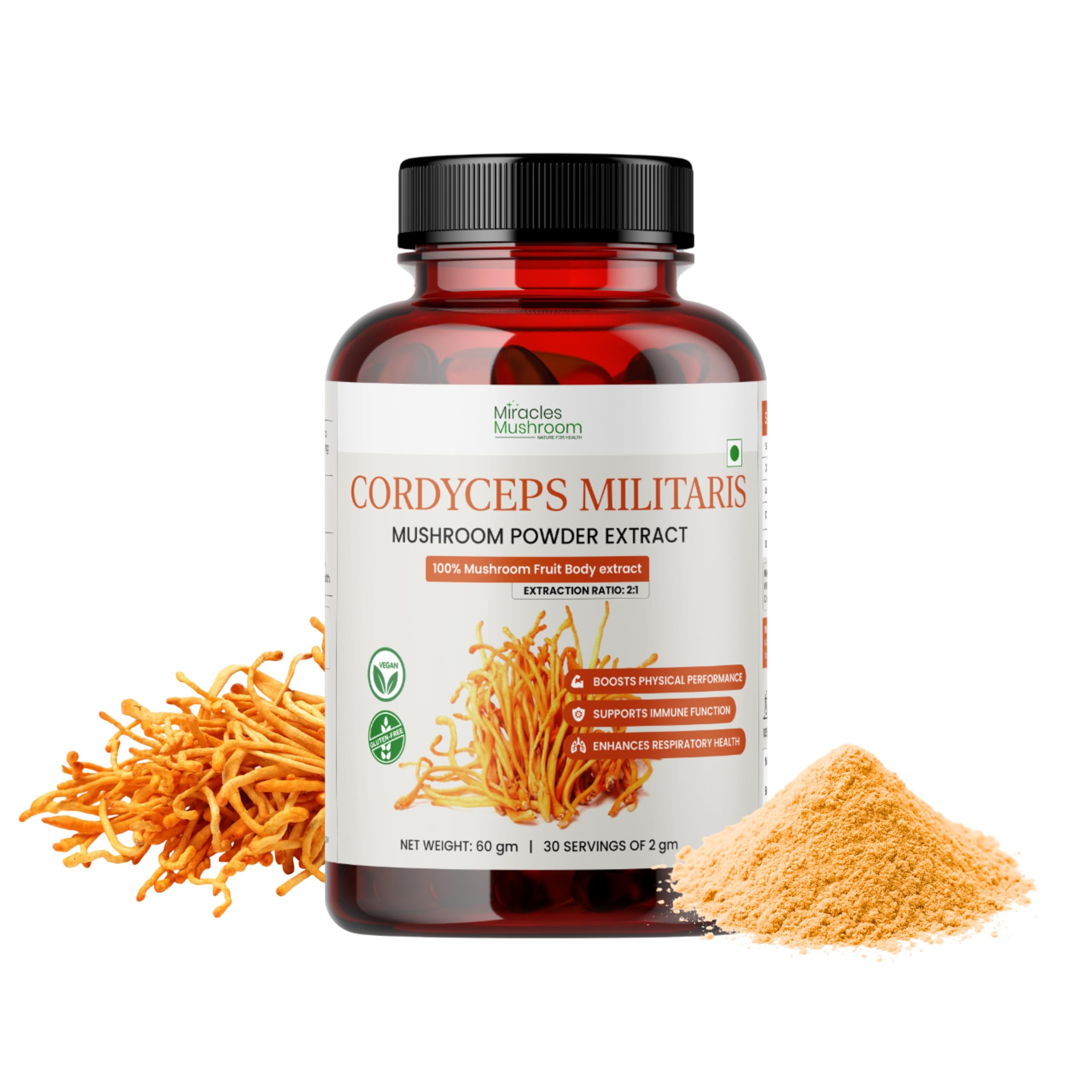 Miracles Mushroom – Cordyceps Militaris Mushroom Extract Powder,Antioxidant & Physical Stamina, Strength 2:1,30 Servings (60 gm)