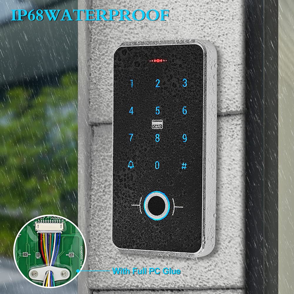 KUMU Sistema de Control de Acceso biométrico 13,56 MHz IP68 Teclado Impermeable + Fuente de alimentación + Cerradura eléctrica + 15 Piezas Juego Completo de Llavero para la Seguridad en el hogar (con