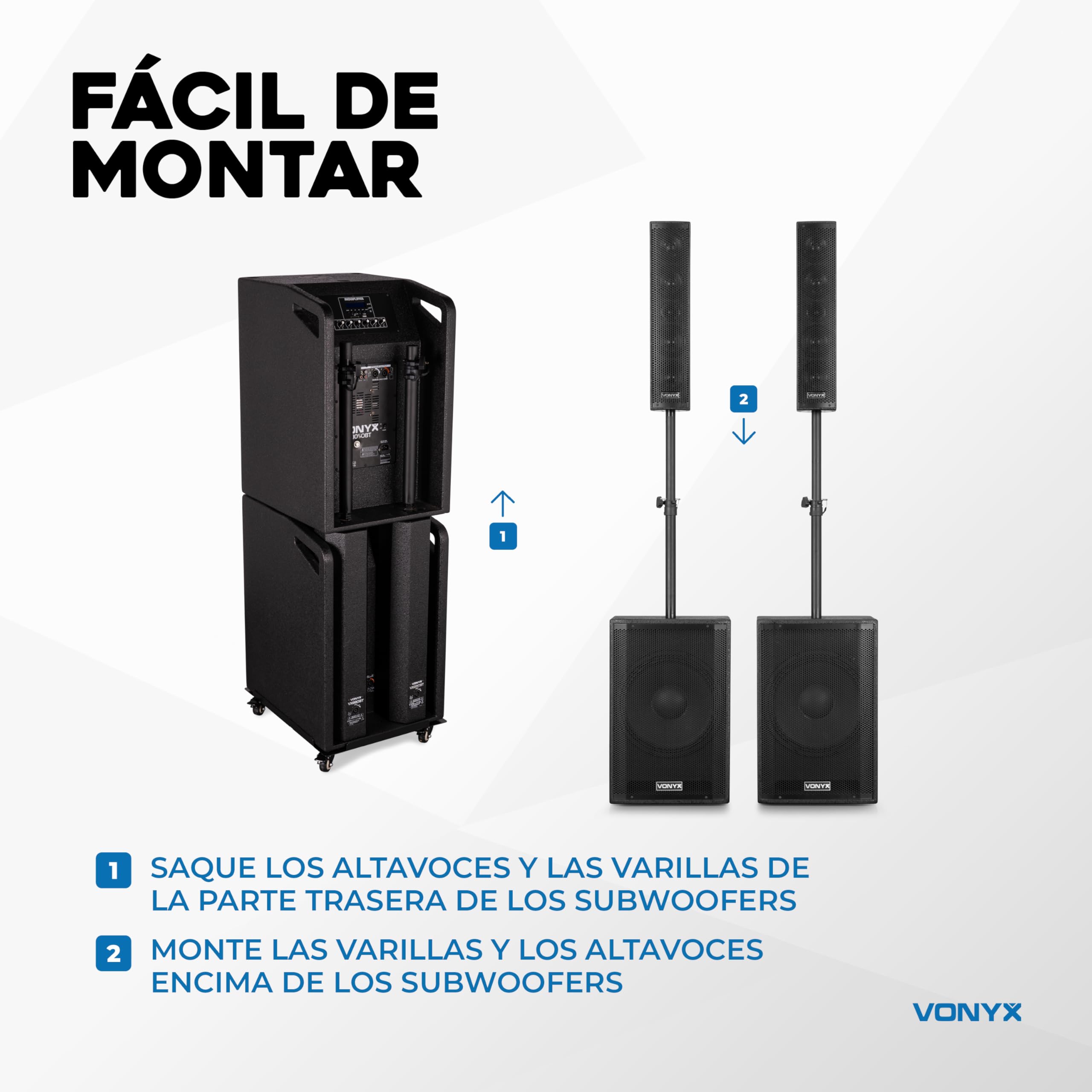 Vonyx VX1080BT – Sistema 2.2 Activo 1250W con Bluetooth 5.3, USB, SD, Doble subwoofer 15”, Micro, Trolley, Funda y Soportes, Equipo de Sonido Profesional para Eventos, Fiestas y DJ, Color Negro