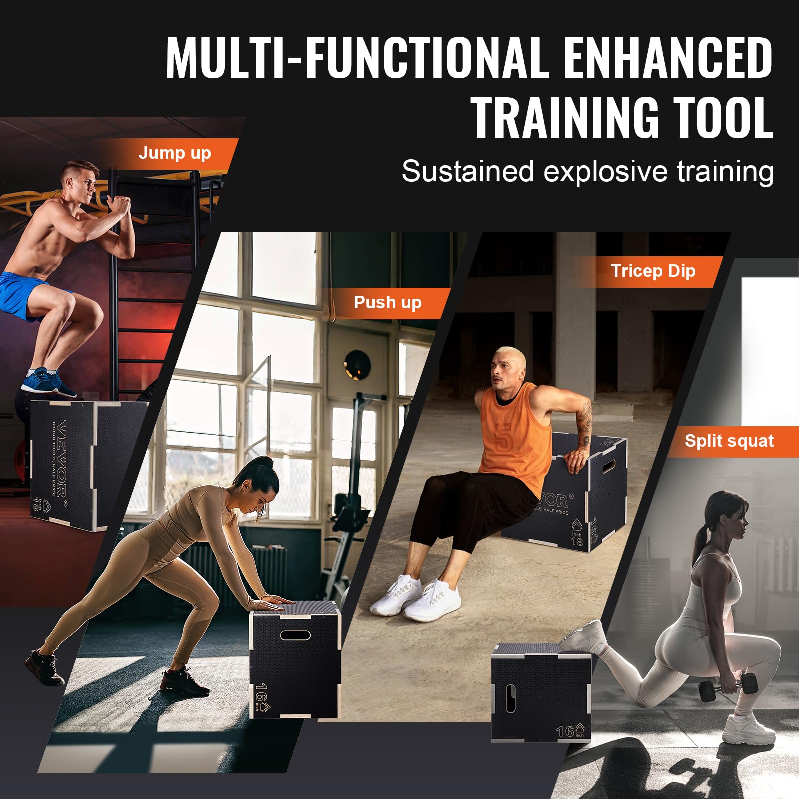 VEVOR Scatola per Plyo in Legno 3 in 1, Piattaforma Antiscivolo per Esercizi Fitness e Allenamento