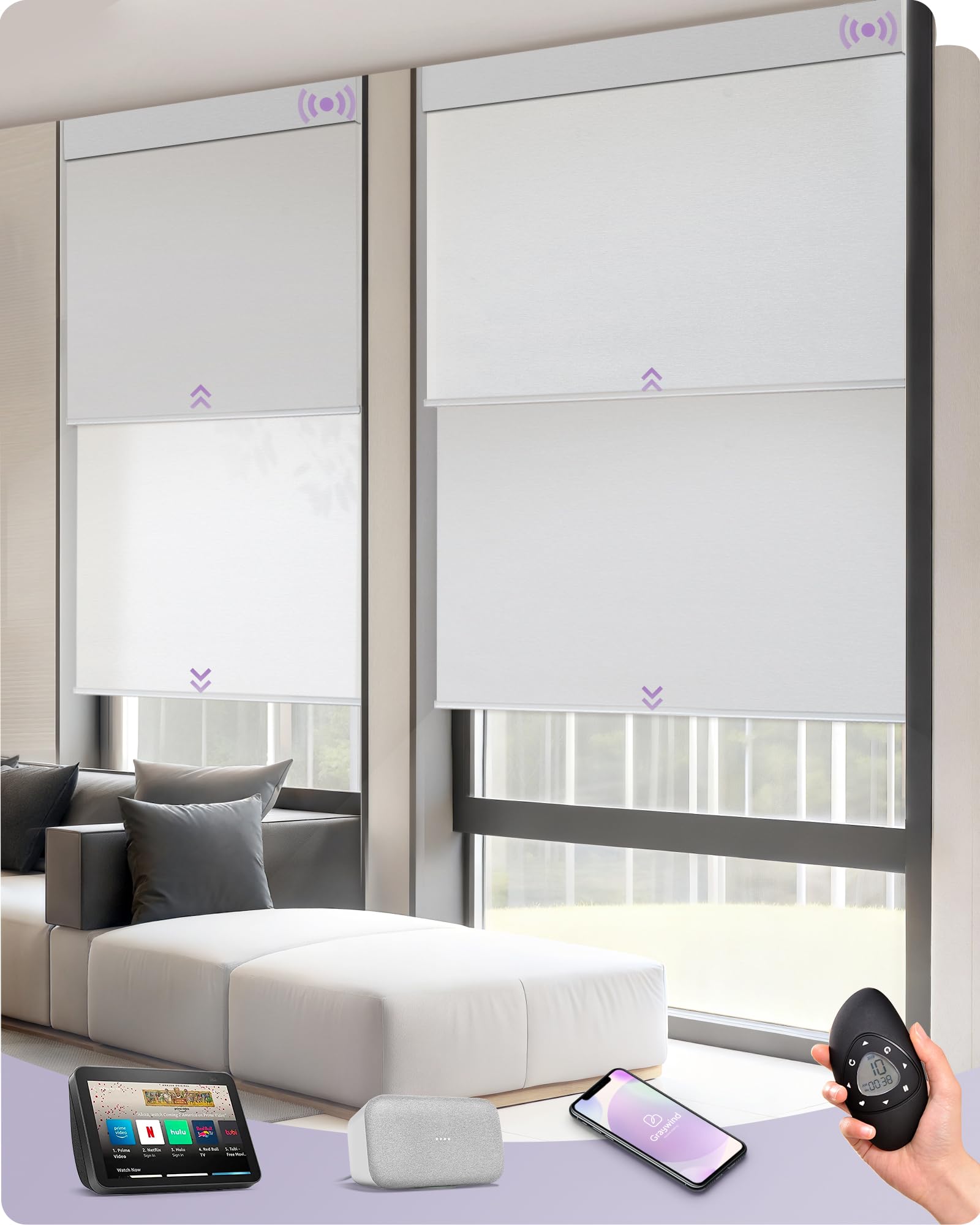 Graywind Motorized Dual Shades Smart Double Blinds Blackout and Light Filtering Blinds in One Set Remote Alexa Google Smart Control Roller Shades,