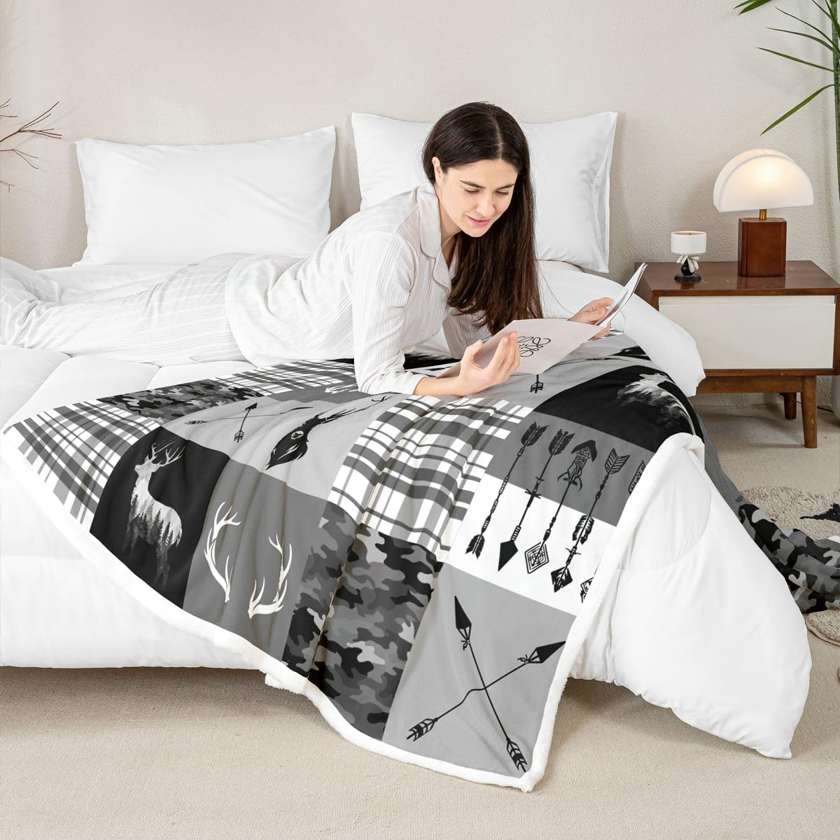 Feelyou Black White Camo Sherpa Blanket Plush Fuzzy Deer Hunting Fleece Throw Blanket Boys Girls Camouflage for Bed Couch Chair Living Room Antlers Bedroom Decor Twin 60"x80" - Image 2