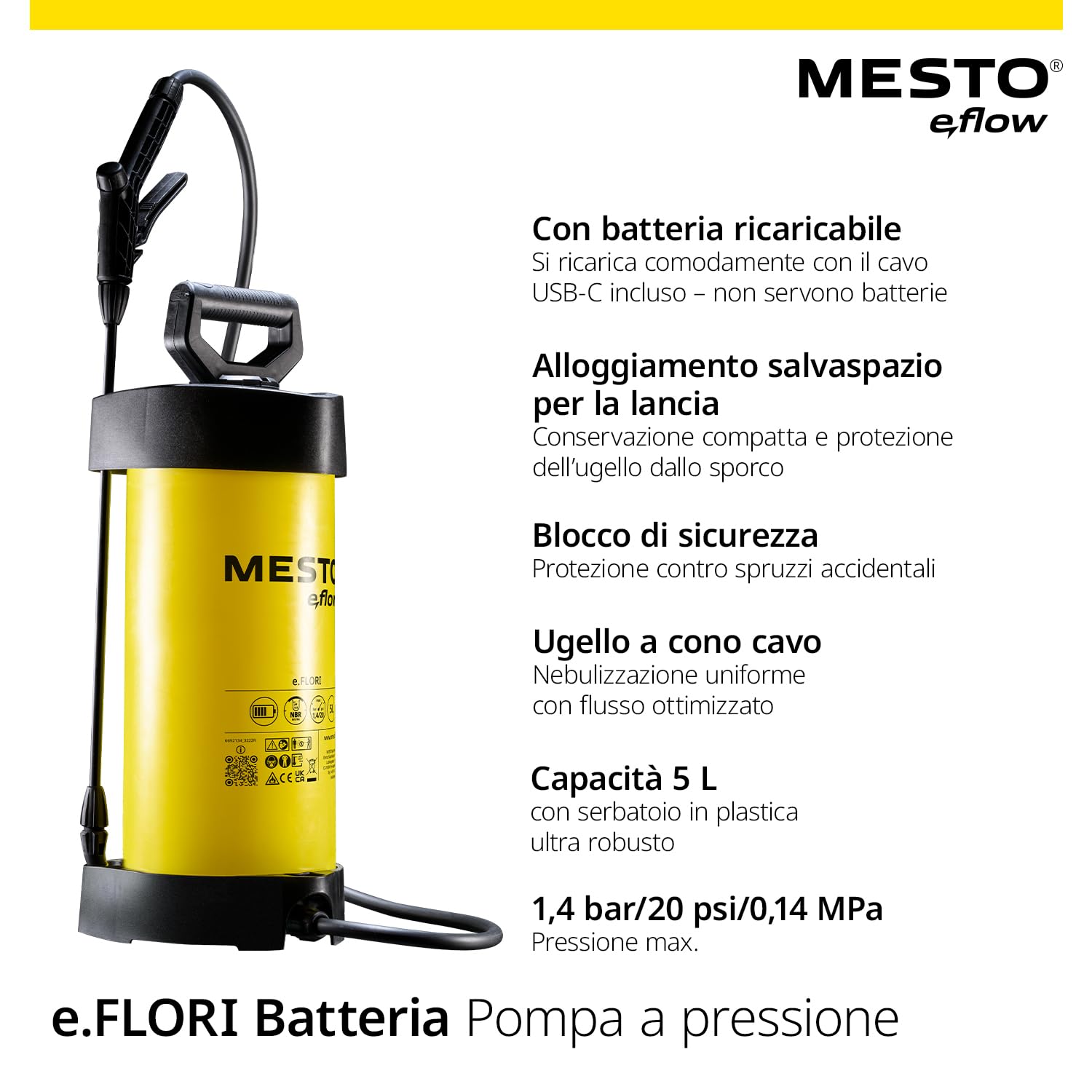 MESTO e.FLORI COMPACT Spruzzatore elettrico 3 L | Spruzzatore a pressione | Nebulizzatore a batteria 1,4 bar | Pompa irroratrice a batteria da giardino per acqua, fertilizzanti, diserbo | Giardinaggio