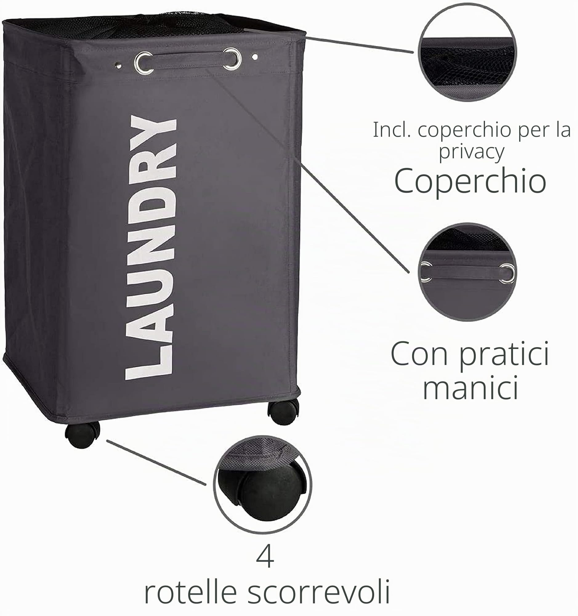 WENKO Cesto Quadro para la Ropa ancho con ruedas Gris Oscuro/Negro, 60/33/40 cm