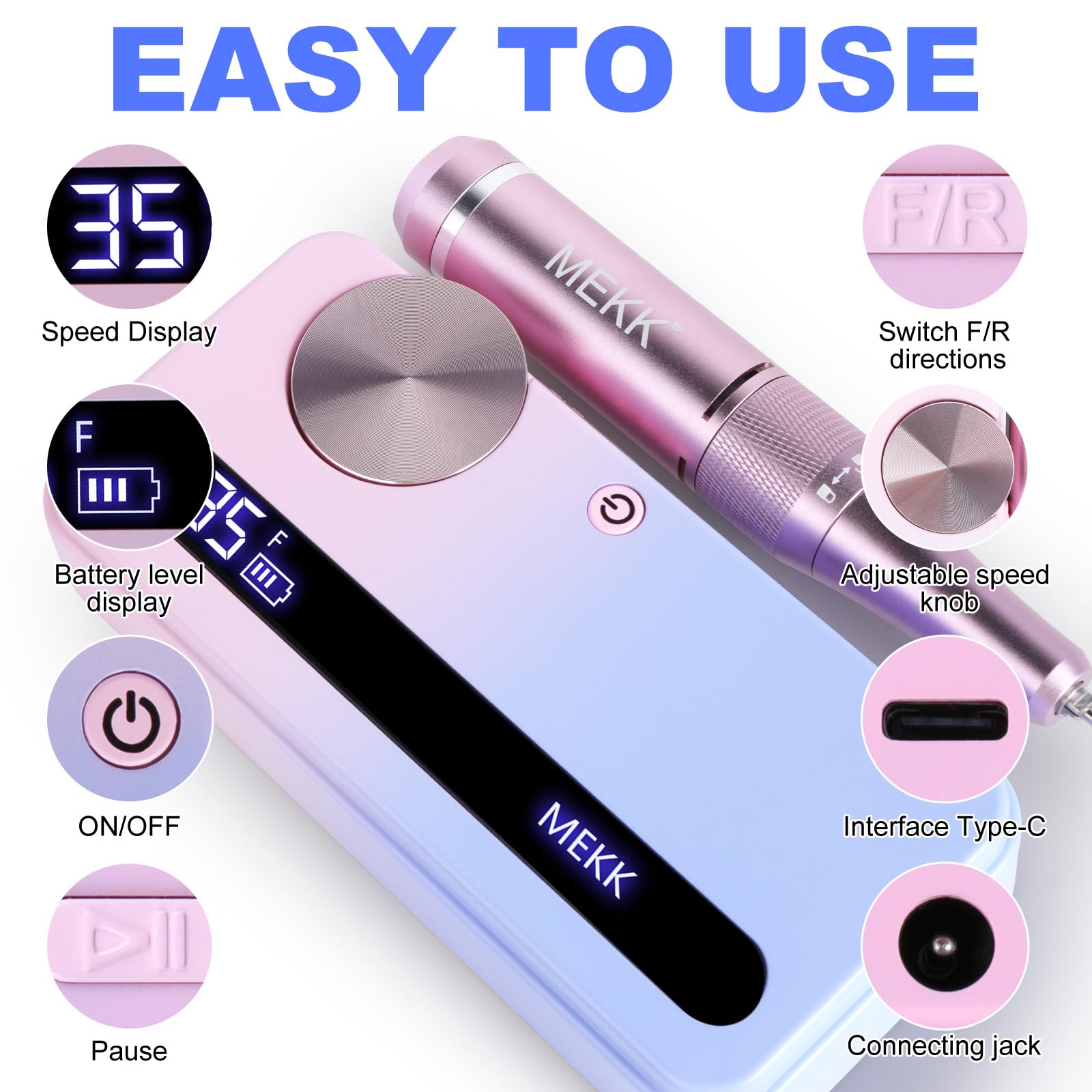 MEKK Nail Filer Electric Nail File,35000RPM Electric Nail Drill Kit with 12PCS Bits,Professional Anti-Shaking Cordless Nail Drill for Acrylic Nails,Home & Salon-Pink