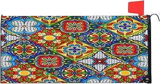 Mexican Ceramic Tile Magnetic Mailbox Cover Ethnic Flower Mandala Mailbox Wraps Post Letter Box Cover for Home Garden Yard Courtyard Outdoor Decorations Oversized 25.5