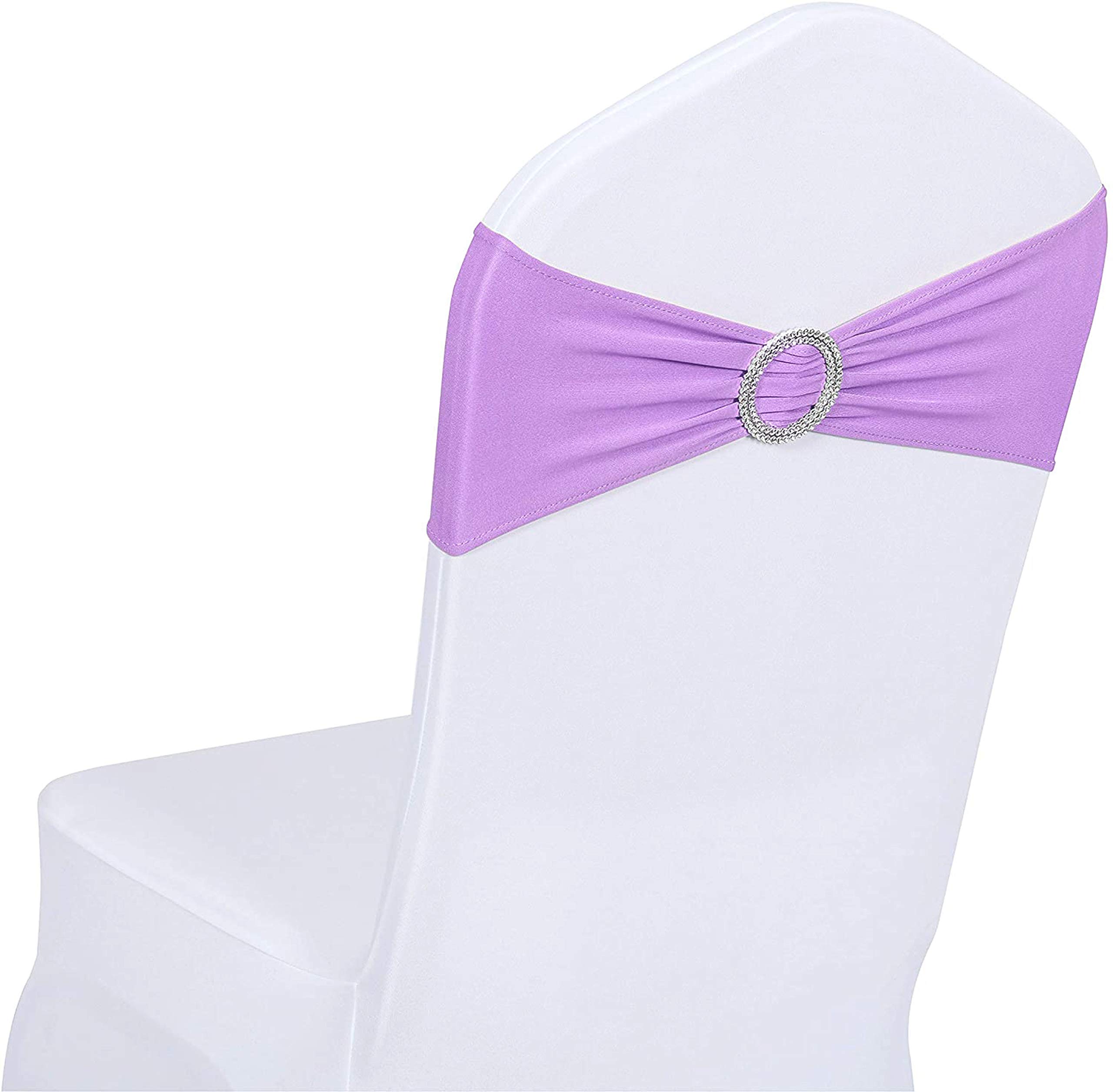 Obstal 50 PCS Spandex Stretch Chair Sashes Bows for Wedding Reception- Universal Elastic Chair Cover Bands with Buckle Slider for Banquet, Party, Hotel Event Decorations Light Purple Sashes