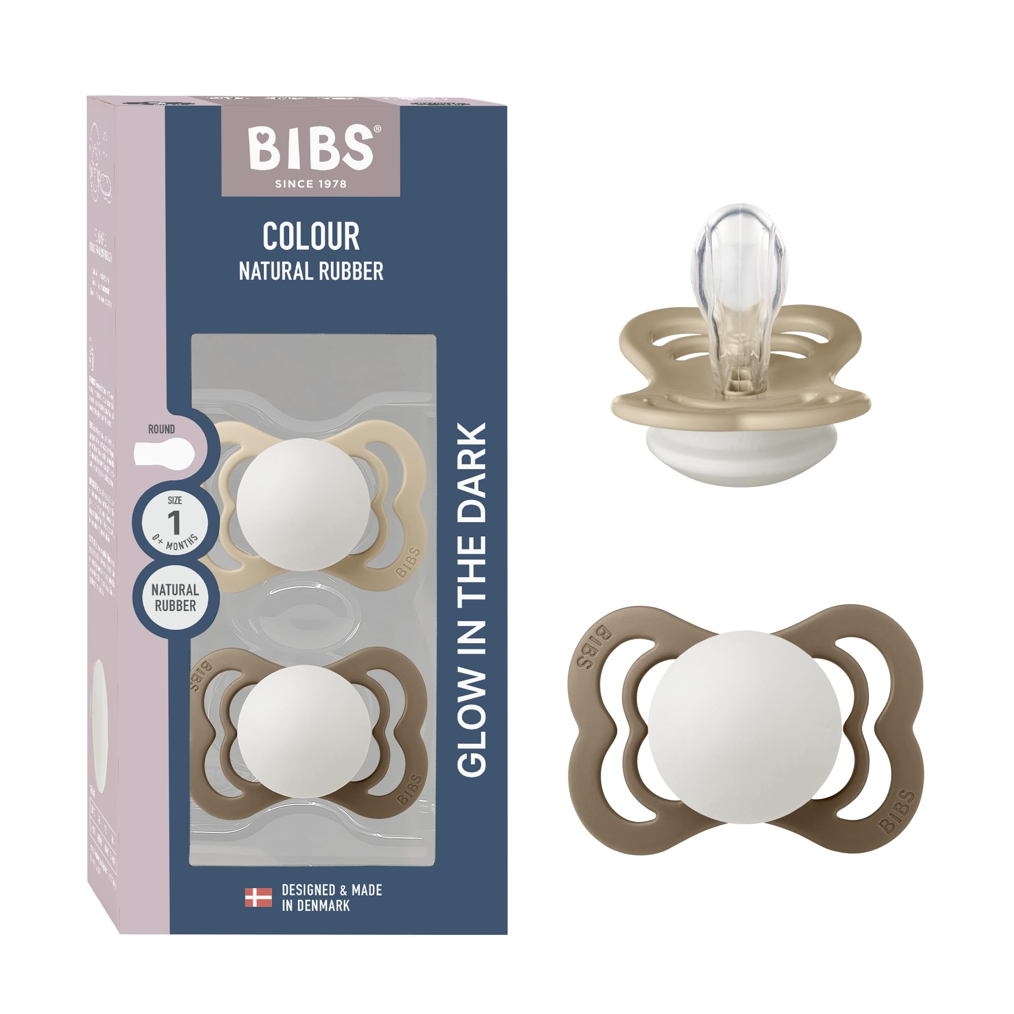 BIBS Supreme GLOW Schnuller, 0-6 Monate, 2er-Pack, Vanilla/Dark Oak