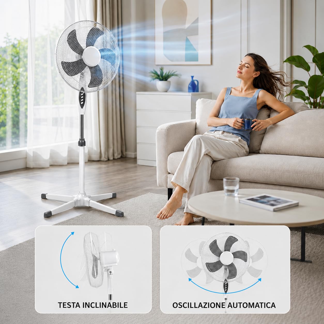 Ventilatore a Piantana Ø 40 cm BIANCO - FACILE MONTAGGIO - 50 W - 3 Velocità - STABILE e SILENZIOSO - Oscillazione Orizzontale - Altezza Regolabile 103-130 cm - Testa Inclinabile - Base a Croce