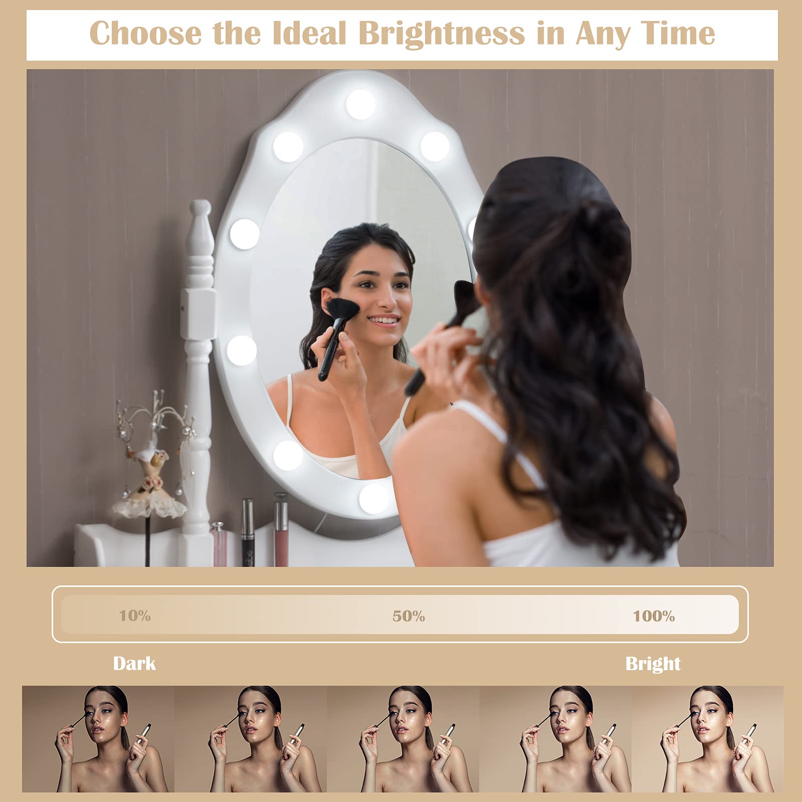 RELAX4LIFE Toeletta Trucco con Luci, Postazione Trucco con Sgabello e Specchio Girevole a 360°, Luminosità Regolabile, Tavolo da Trucco per Camera da Letto (Bianco, 75 x 40 x 146cm)