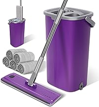 Zvonema Balai Serpillère Essoreur avec Seau, Serpillière Plat Rotatif 360° et Seau à 2 Compartiments, 2 en 1 Sceau Menage Essoreur avec 5 Tampons en Microfibre, Balais Serpillère Nettoyer Sol, Violet