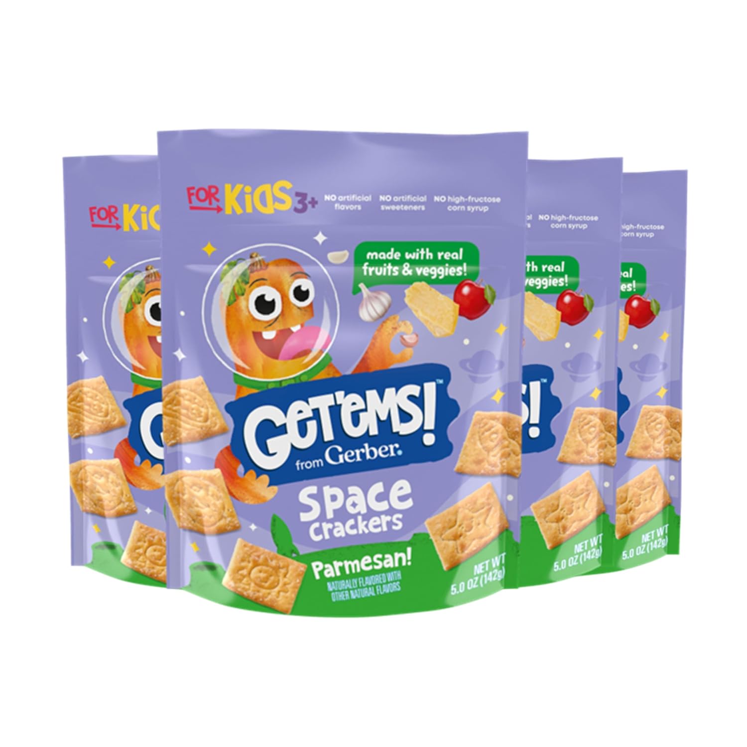 Get'ems! from Gerber, Snacks for Kids, Parmesan Space Crackers, Made with Real Veggies & Fruits, Iron & Vitamin E - 4 pack