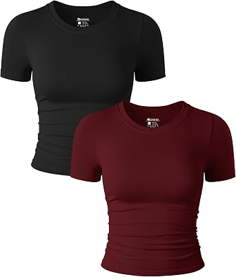 OQQ Womens 2 Piece Shirts Short Sleeve Crew Neck Ruched Stretch Fitted Tee Shirts Crop Tops