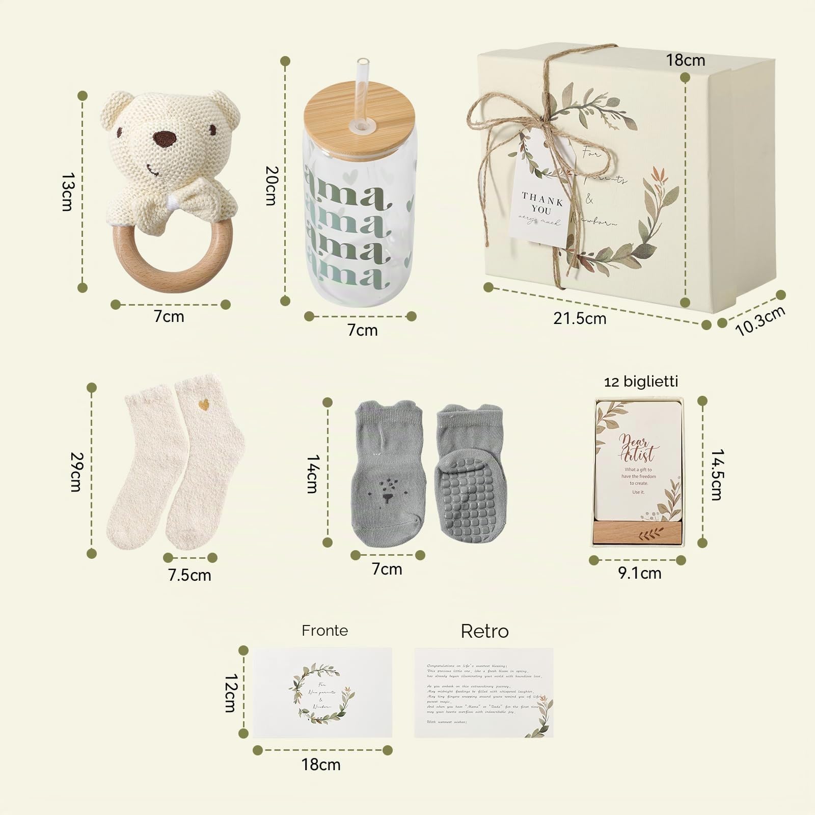 WOODEN TEETHER Set Regalo di 7 Pezzi per Mamma e Bambino, Regalo per Neonato Ragazza Ragazzo con Carta per Mamma, Sonaglio per Bambini, Becco, Calzini, Biglietto di Auguri, Regalo per Neonati per Baby