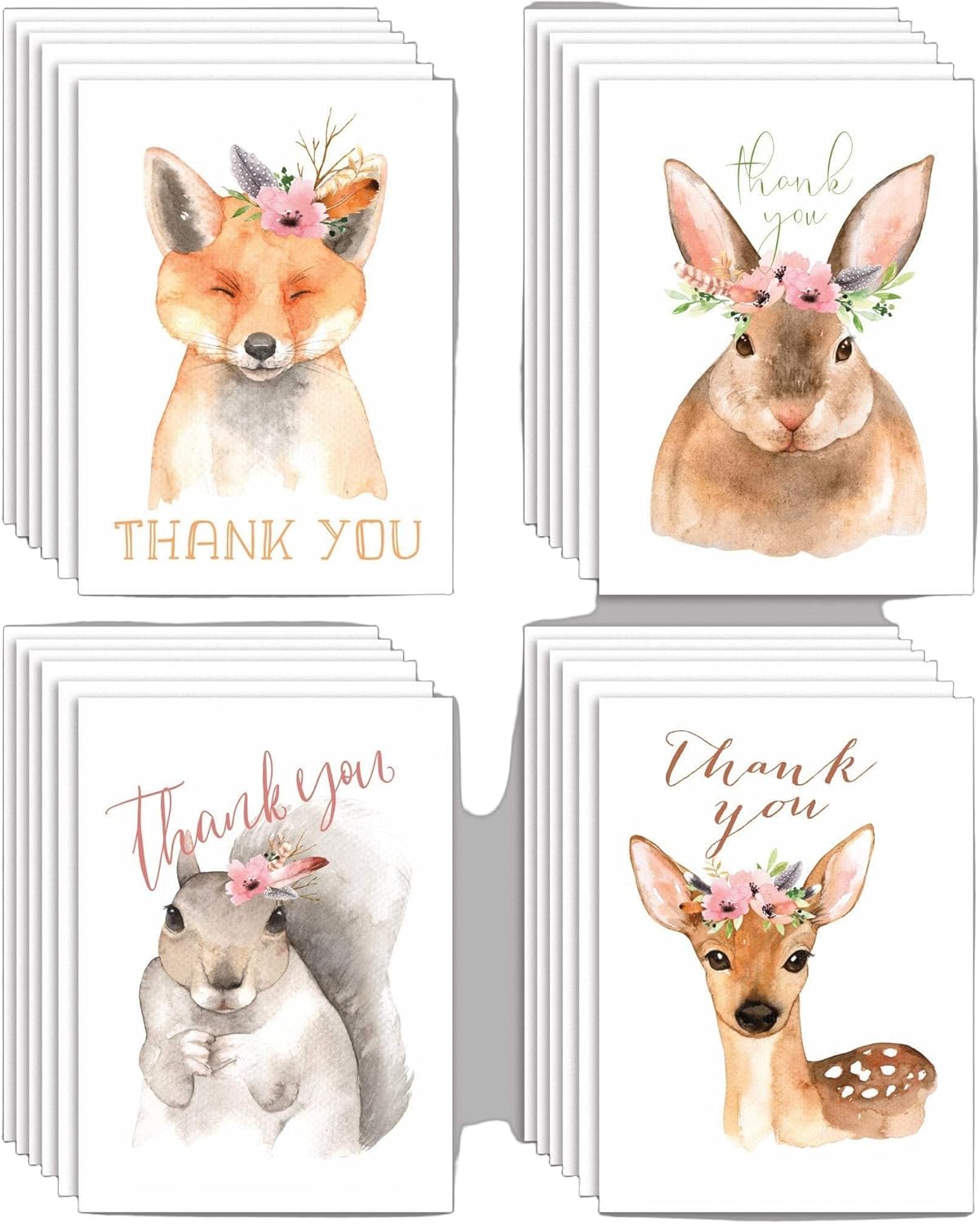 Cute Animal Thank You Cards Boxed Set - 24 Blank Just Because Greeting Cards w/Envelopes - 4 Illustrated Realistic Designs on High-Quality Card Stock - Playful Novelty Stationery by RitzyRose