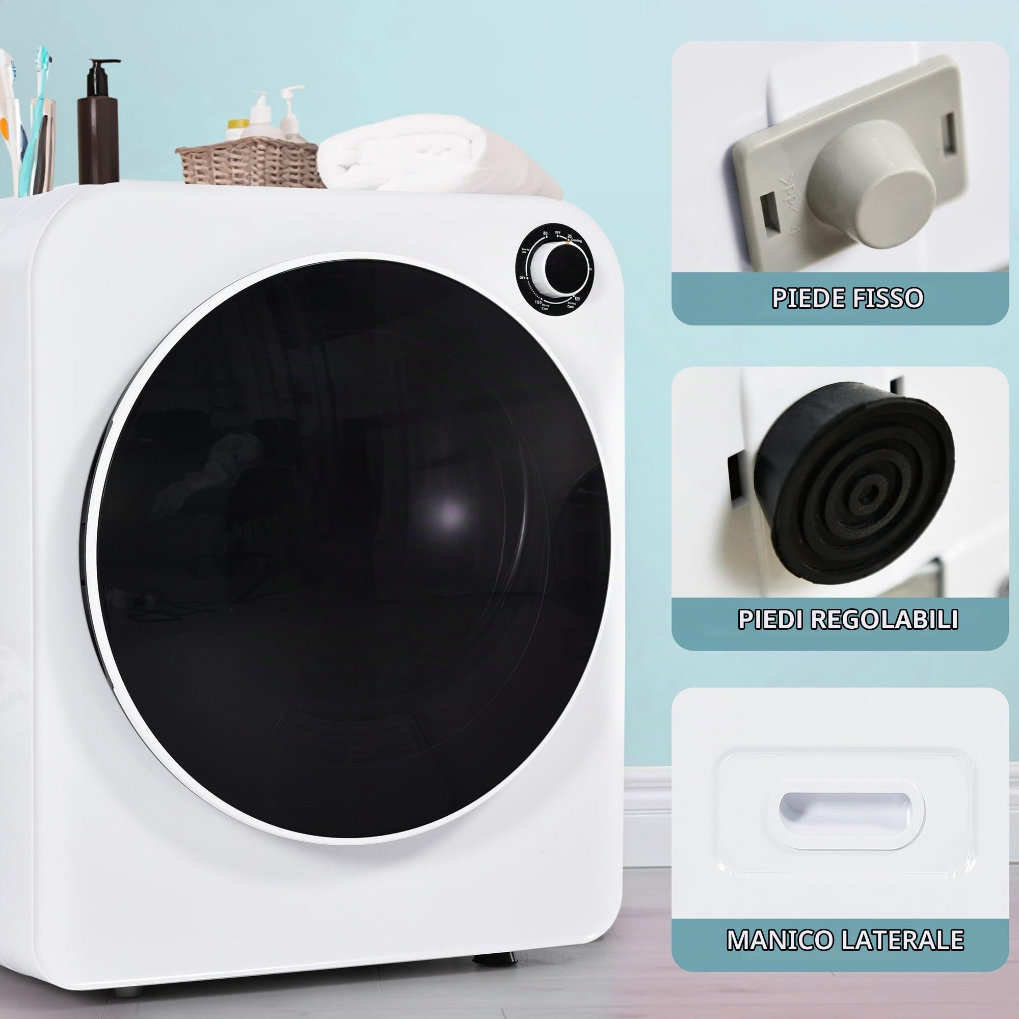 Qiang Piccola Asciugatrice 830W/3Kg/Essiccatore per Vestiti Portatile Indipendente O Montata a Parete Triplo Filtro Cinque Programmi di Asciugatura Disponibili