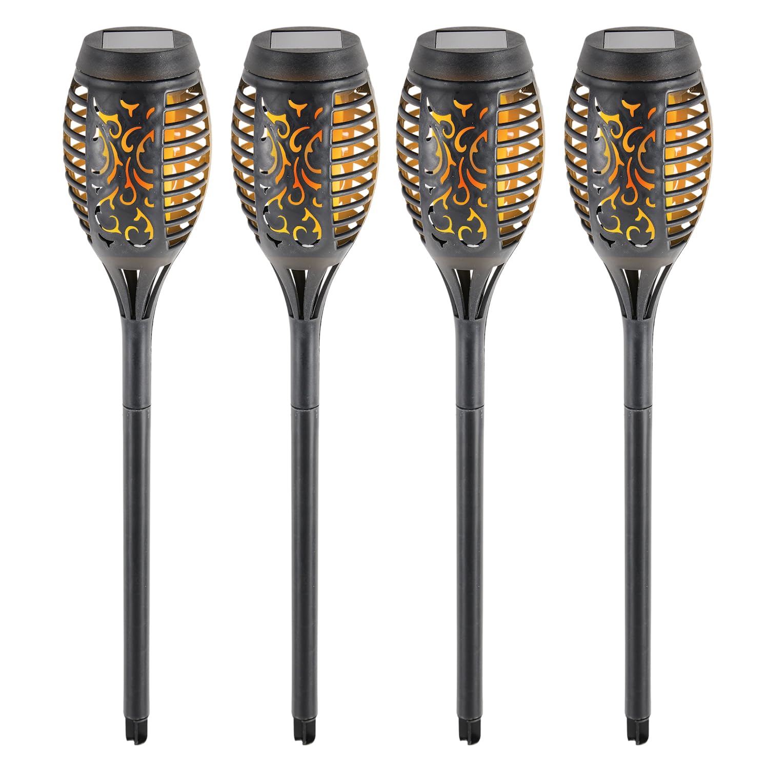 Daniel James Solar Lights - Set of 4 Flickering LED Outdoor Solar Lights with Dancing Flames for Garden, Patio, Pathway & Driveway - Waterproof & Energy-Efficient Outdoor Lighting - Black, 50cm