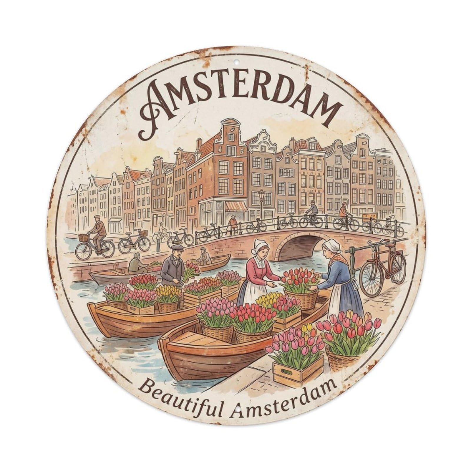 Amsterdam Flower Market Vintage Dutch Canal Travel City Metal Tin Sign Plaque Wall Decor for Cafe, Man Cave, Club Bar, Office, Home Garden Round Metal Poster 8x8Inch