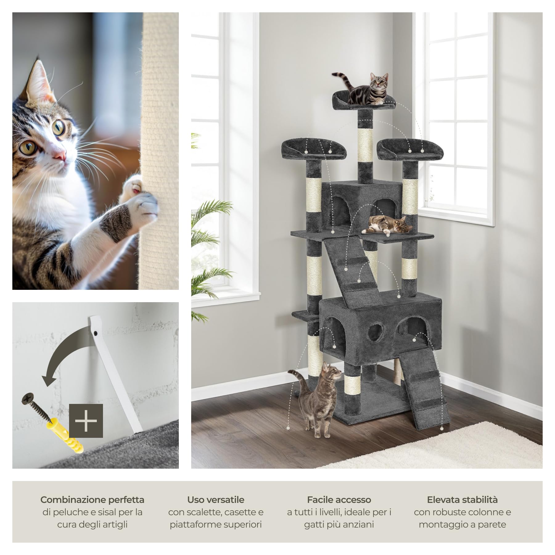 tectake® Tiragraffi per Gatti con Casette, Tiragraffi Gatto con Piattaforme e Colonna Grattatoio, Albero per Gatti Altezza 170 cm, Torre Gatti per Interni, Casa per Gatti - Grigio