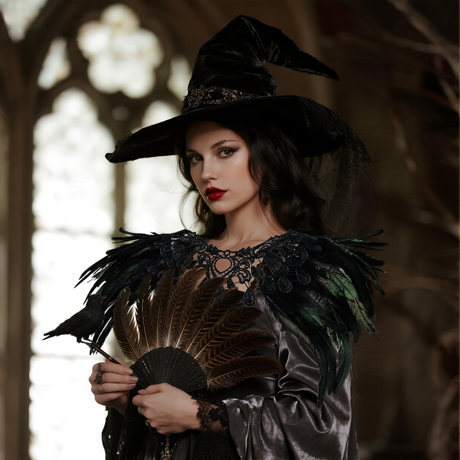 Chal De Plumas Negro Con Capa De Tul Larga, Estilo Gótico Y Elegante, Ideal Para Halloween, Cosplay, Fiestas De Disfraces Y Eventos Especiales