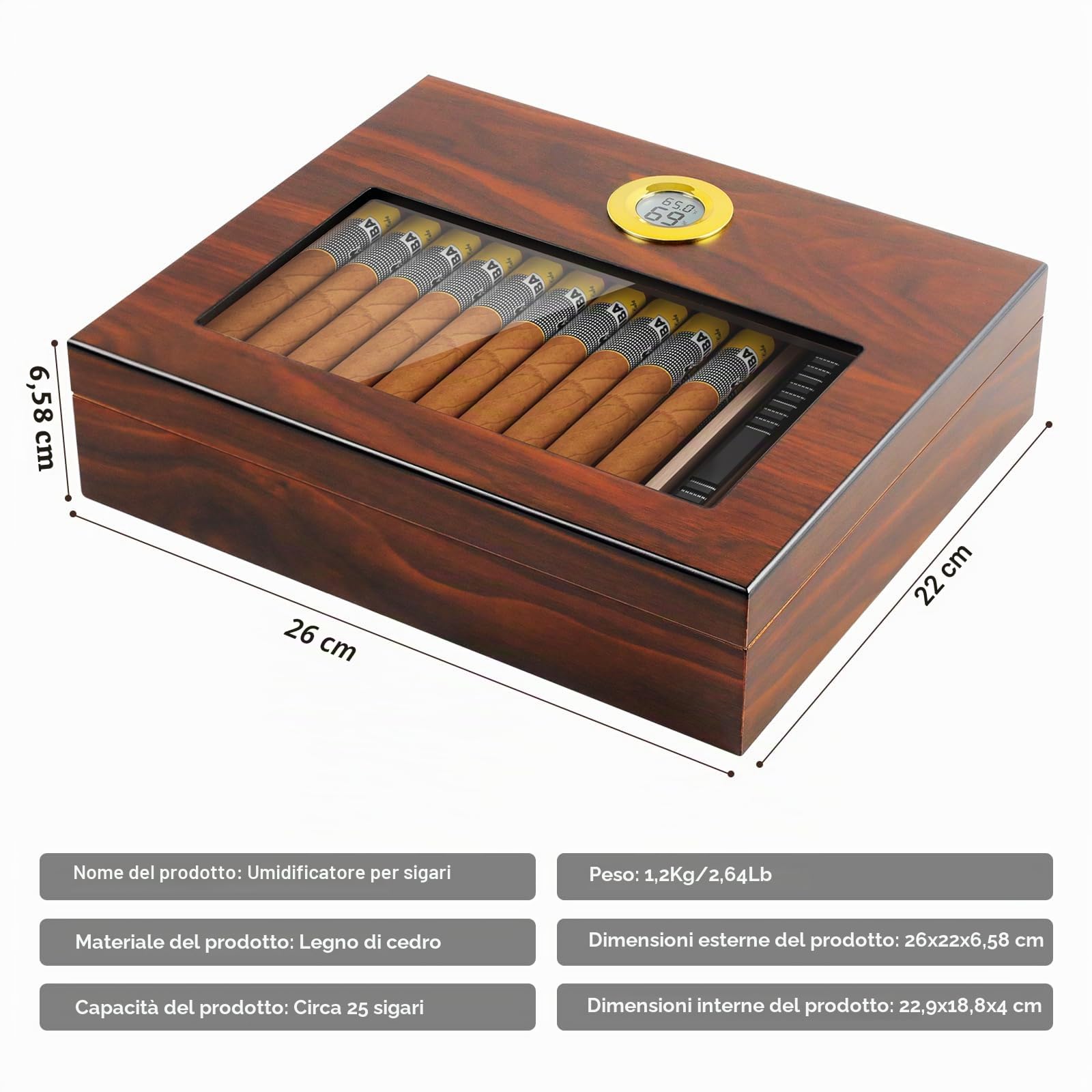 Umidificatore per sigari, Dayear umidificatore da tavolo per sigari, scatola per 15-20 sigari (i sigari non sono inclusi), scatola per sigari in legno artigianale con igrometro e umidificatore