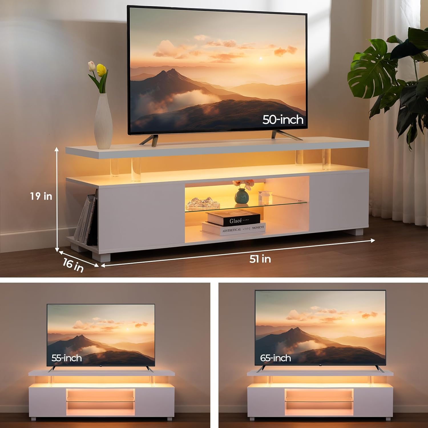 White TV Stands for Living Room LED TV Stand Modern TV Stand with Storage for 55/60/65 inche TVs Entertainment Center for Living Room - Image 2