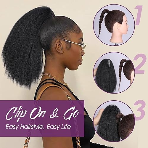 Miniatura 4 de WIGNEE Extensiones de cabello rizado tipo cola de caballo de 12 pulgadas, con clip de garra, extensiones de cola de caballo negro Yaki para mujeres