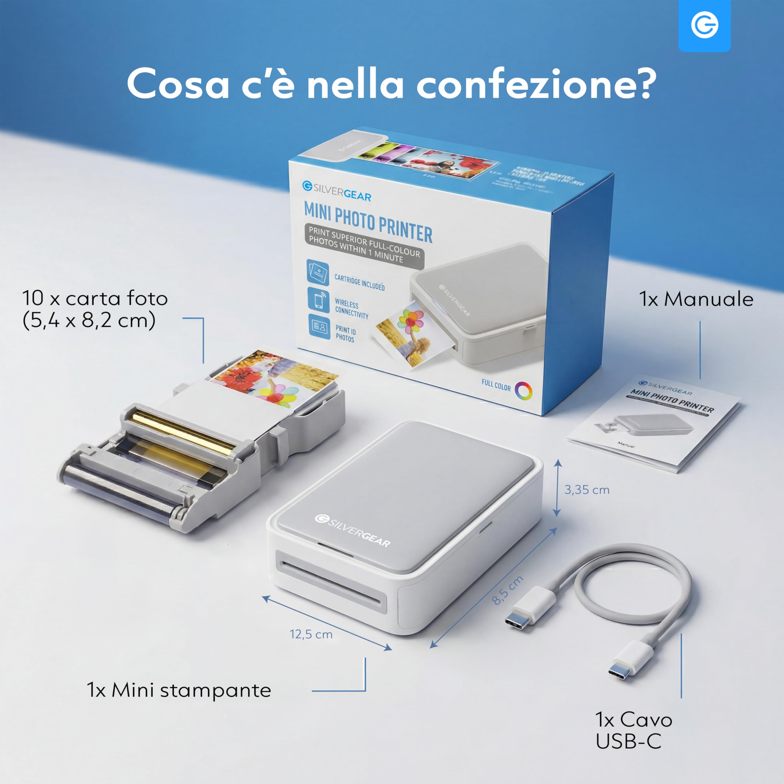 Silvergear® Stampante fotografica per smartphone, mini stampante Bluetooth con app, iOS e Android, stampante istantanea da 300 dpi, sublimazione a colori a 4 pass, matrimonio e journaling, con fogli