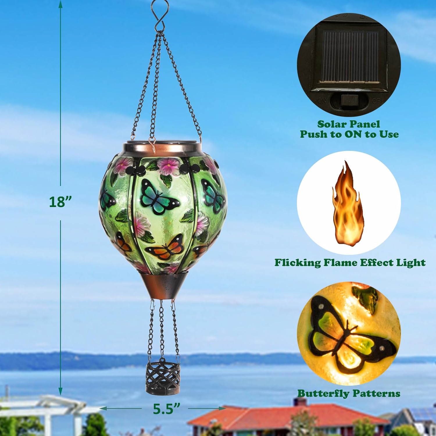 Hot Air Balloon Solar Lantern Flickering Flame Hanging Garden Lights, Glass Outdoor Waterproof Flame Effect Hot Air Balloon Hanging Lantern Gift for Balcony Yard Holiday Party Decorations-Butterfly