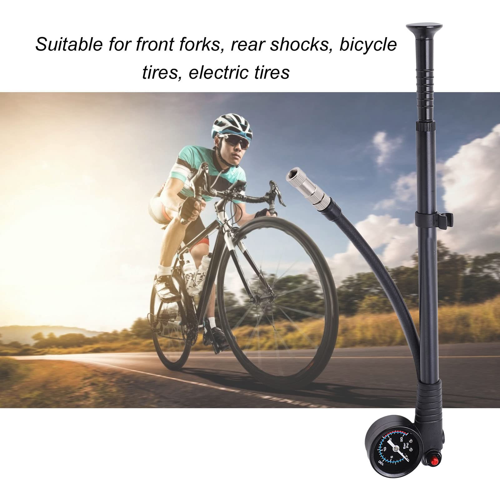 CHICIRIS Federgabel Dämpferpumpe mit Manometer, Stoßdämpferpumpe, 300 PSI, Visuelles Druckrad, 360° Drehbar, Aufblasrohr, Fahrradpumpe aus Aluminiumlegierung für Vordergabel