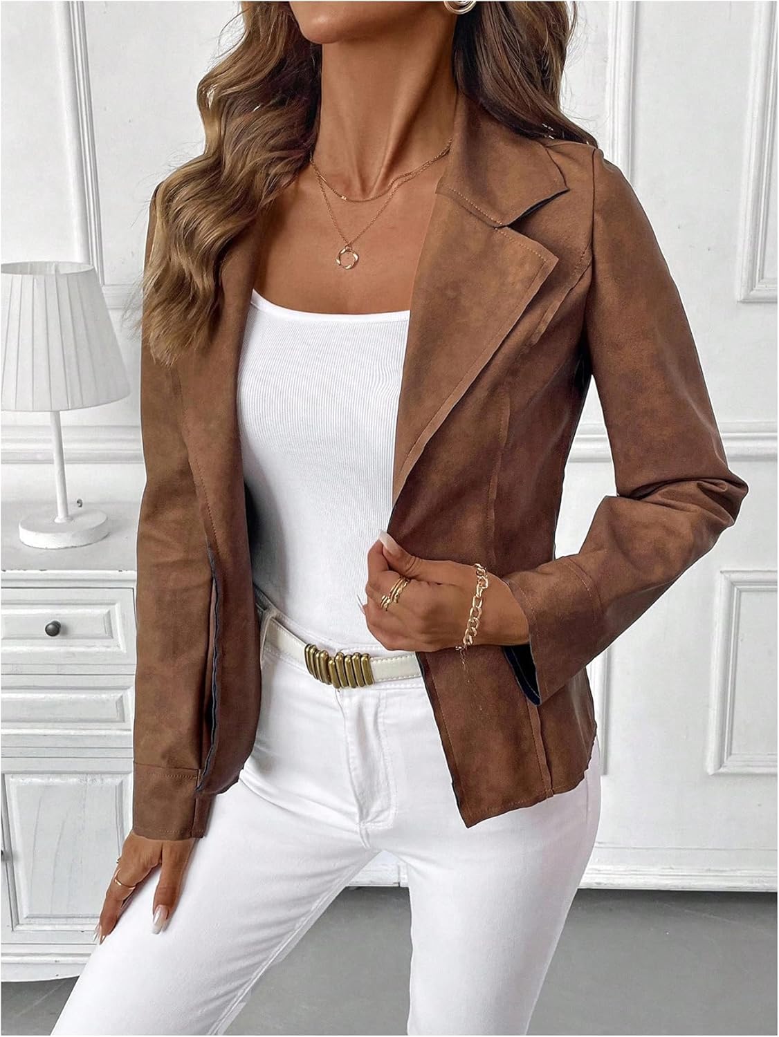 GORGLITTER Women's Faux Suede Jackets Trendy Long Sleeve Lapel Collar Leather Open Front Blazer Coat Outfits - Image 2