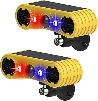 Solar Outdoor Motion Sensor Alarm with 13Sounds,KINGCOO 129db Gunshot Dog Barking Sound with Red Blue LED Flashing Warning Security Strobe Light for Farm Yard Orchard Barn 2Pack [Energy Class A]
