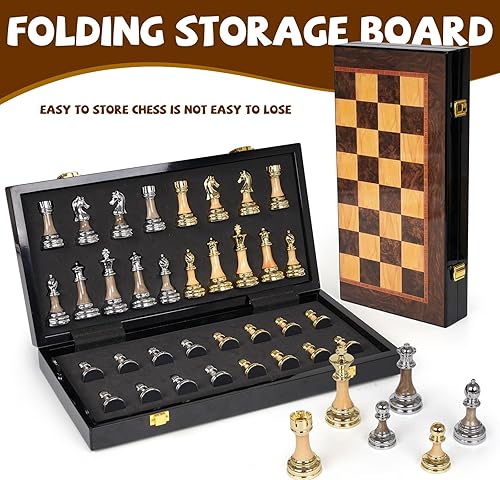 Miniatura 4 de Juego de ajedrez de metal de lujo con tablero de madera, juego de mesa de ajedrez plegable de 17 pulgadas con piezas de ajedrez doradas y plateadas,